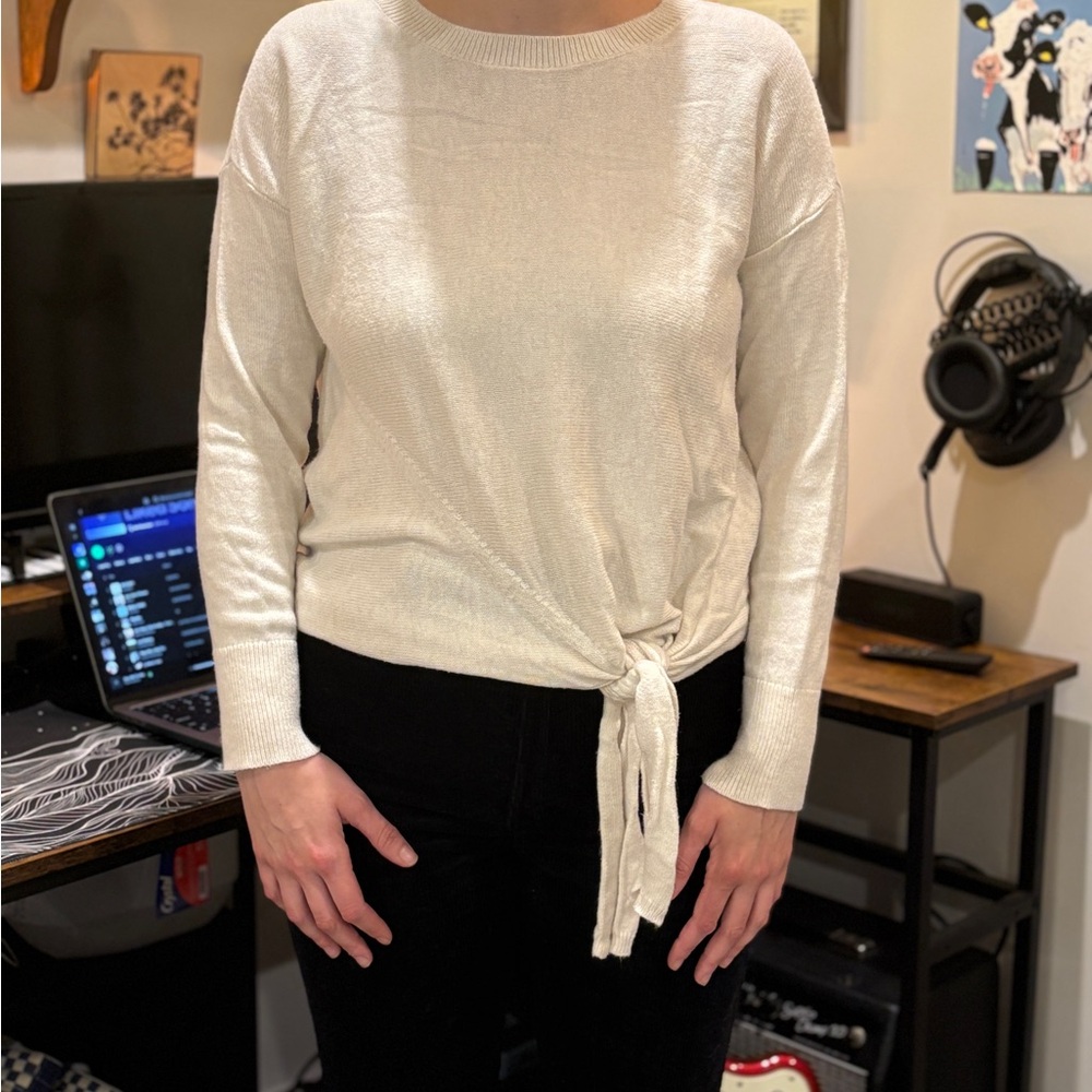 LOFT Cream Sweater with Tie Detail